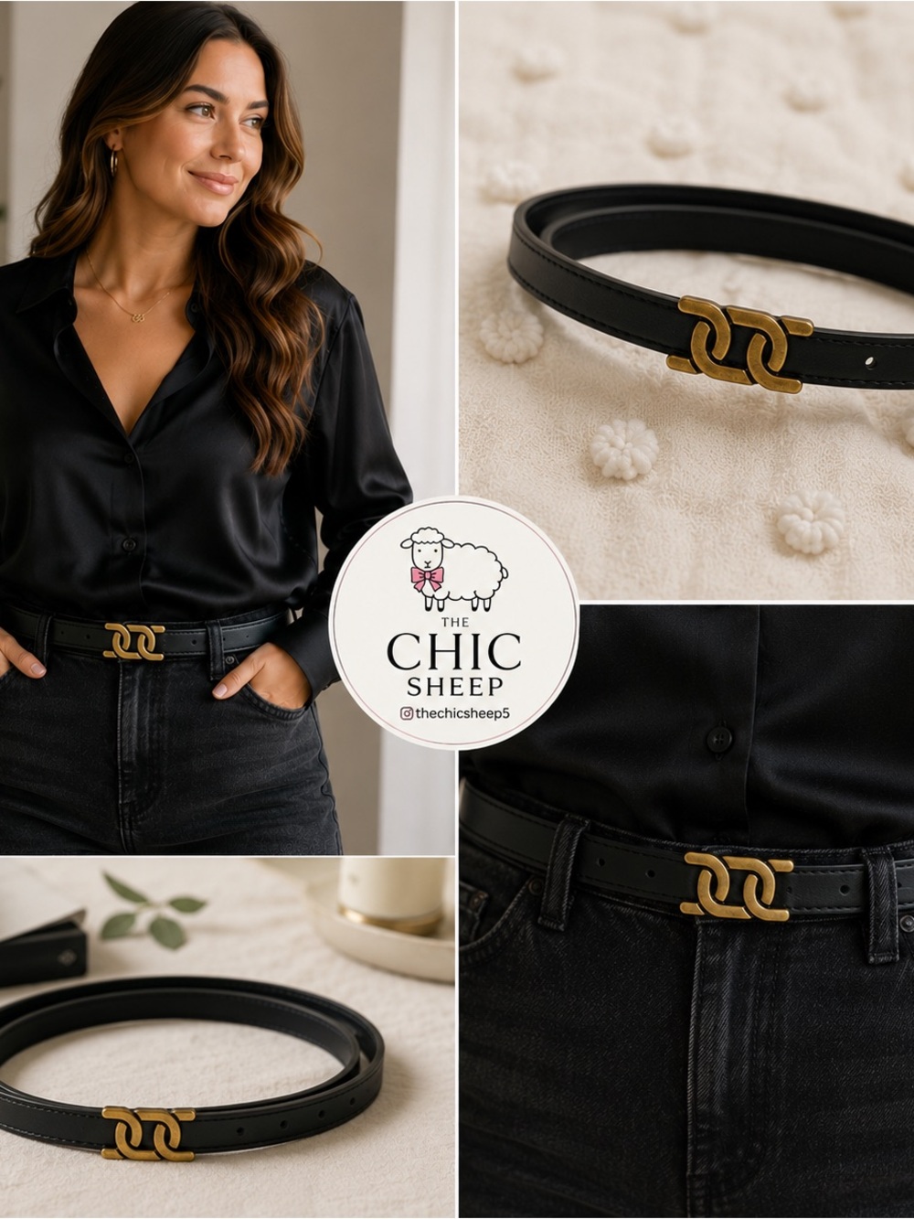 Black Leather Waist Belt with Gold Interlock Buckle L XL